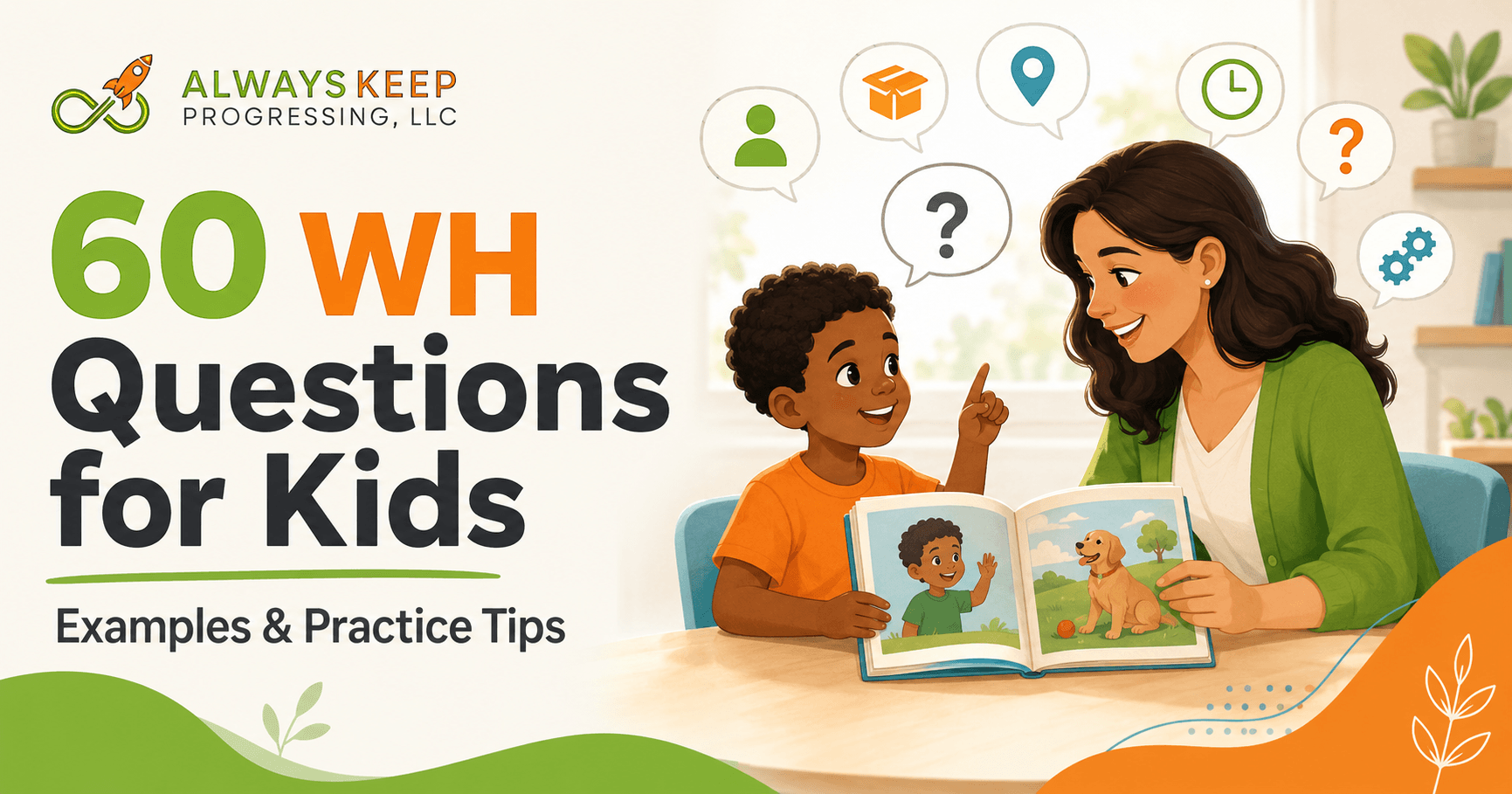 Child practising WH questions during shared reading with a pediatric speech-language professional