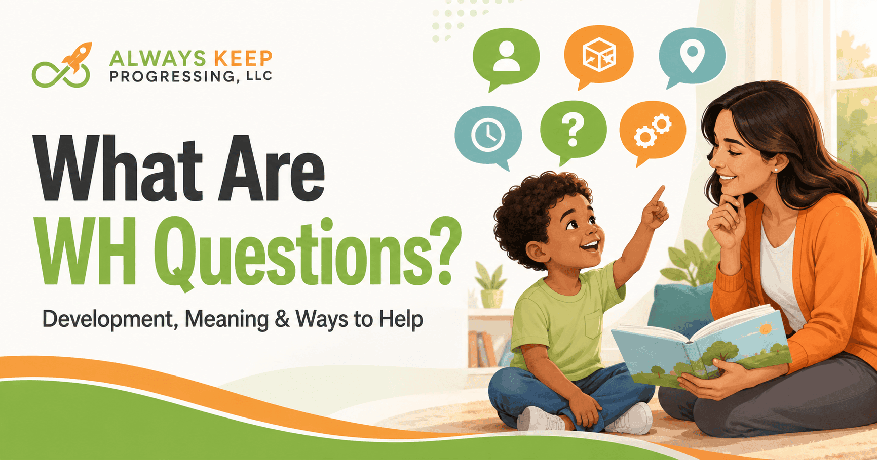 Child exploring WH questions during shared reading with a pediatric speech-language professional